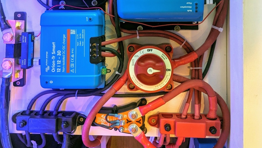 installed battery isolator on a boat