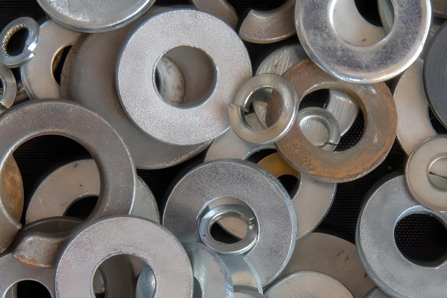 Assorted metallic washers scattered on a dark background